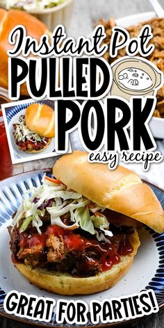 the cover of instant pot pulled pork recipe on a plate with other food items in the background