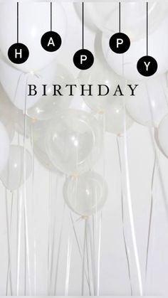 an image of birthday balloons with the words happy on them in black and white colors