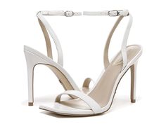 Sam Edelman Orchid - Women's Shoes : White : Look glamorous by adding the Sam Edelman Orchid heels to your ensemble. Polyurethane upper. Synthetic lining. Polyurethane footbed. Ankle strap with buckle closure. Open square toe. Stiletto heel. Sleek toe strap. Synthetic outsole. Imported. Measurements: Heel Height: 4 in Single Shoe Weight: 16 oz. Weight of footwear is based on a single item, not a pair. Trendy Double Strap Synthetic Heels, White Leather Heels With Adjustable Strap, White Heels With Buckle Closure And Single Toe Strap, Trendy Fitted Sandals With Buckle Closure, Trendy High Heels With Adjustable Strap, Trendy Heels With Adjustable Strap, Sleek Spring Heels With Strap, White Ankle Strap Heels With Adjustable Strap, White Heels With Adjustable Strap For Formal Occasions