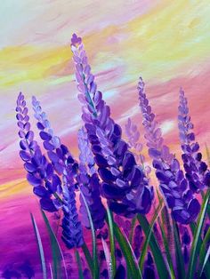 painting of lavender flowers in front of a sunset sky with clouds and water behind them