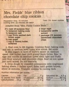 a newspaper article about the recipe for mrs fields'blue ribbon chocolate chip cookies