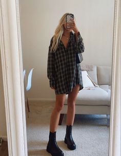 Today’s Outfit Inspiration, 70 Degree Teacher Outfit, Spring Newyork Outfit, Cozy Bar Outfit, Tights And Oversized Shirts, Flannel Button Up, Docs Fall Outfit, Tahoe Outfit Fall, Chunky Platform Boots Outfit Winter