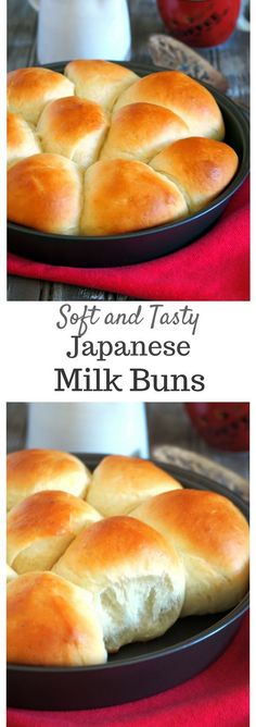 two pictures of different types of breads in pans on top of a table