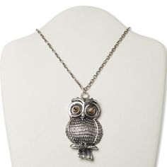 Featuring an owl pendant embellished with light brown glass rhinestone eyes, this attractive necklace design is great for counter sales and gift-giving. Vintage Gunmetal Metal Necklace, Nickel-free Pewter Jewelry In Gunmetal, Antique Silver Necklace With Metal Antique Finish, Antique Silver Necklace With Metal Finish, Antique Silver Necklace With Antique Finish, Adjustable Silver Necklace With Antique Finish, Silver Metal Necklaces With Antique Finish, Silver Necklaces With Antique Finish, Necklace Antique