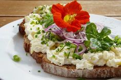 a white plate topped with an open face sandwich and a red flower on top of it