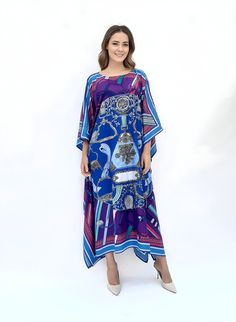 A classic ferns print on twill silk kaftan with one size fit all will be a perfect gift to mum and also good for lounging home. It's flowy, soft and elegant touch.  FEATURES - Vintage prints - Personal Custom Made - Full Length Kaftan Half-Sleeves - Designer Silk Kaftan - Plus Size and Custom Length - Resort Wear, Beach Wear, Lounge Wear, Pool Cover Up Kaftan - crew -------------------------------- DETAIL  * Length : 130 CM & Width 130 CM * Please note, we don't provide exact in dimension but will try best to reach the request, error 1-4 cm may occur due to fabric' nature, manually cutting & sewing, etc. -------------------------------- FREE Customization service - Cut shorter from the 130 CM  -------------------- FABRIC *Silk Twill 90% + 10 % Viscose ( The fabric is soft, cool, not stick Patterned Maxi Length Kaftan For Vacation, Patterned Maxi-length Kaftan For Vacation, Summer Silk Patterned Kaftan, Printed Silk Long Sleeve Kaftan, Silk Kaftan With Kimono Sleeves For Beach Cover-up, Silk Long Sleeve Printed Kaftan, Elegant Long Sleeve Printed Kaftan, Elegant Blue Kimono For Vacation, Silk Floral Print Patterned Kaftan