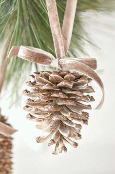 a pine cone ornament hanging from a christmas tree branch with ribbon and bow