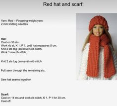 a knitted doll wearing a red hat and scarf with text describing how to crochet