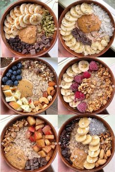 four different bowls filled with various types of food and nuts on top of each other