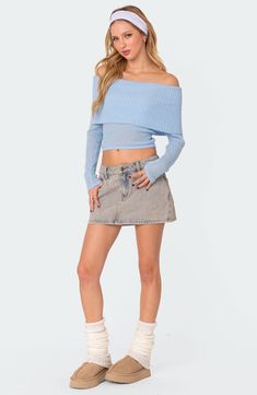 This cool cropped sweater is knit in a shoulder-baring silhouette with a fold-over ribbed neckline. Off-the-shoulder neck Long sleeves 50% polyester, 50% rayon Machine wash, dry flat Imported Preppy Outfits For School, Visionary Fashion, Tennis Skirts, Crop Sweater, Ribbed Neckline, Off Shoulder Tops, Preppy Outfits, Fold Over, Long Sleeve Knit