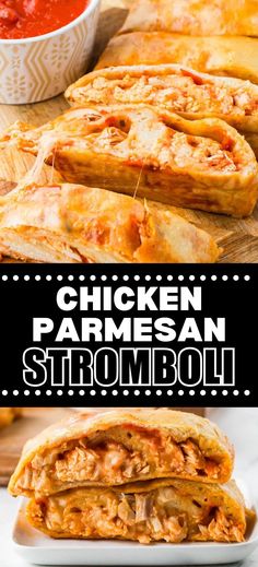 Collage of cheesy parmesan chicken stromboli at top and bottom. Sloppy Joe Stromboli, Chicken Parmesan Stromboli, Chicken Parm Stromboli, Healthy Stromboli Recipe, Ground Beef Stromboli Recipe, Easy Stromboli With Pizza Dough, Pizza Stromboli Recipe Easy, Chicken Stromboli Recipe Easy, Stromboli Recipe Easy Pillsbury Pizza Dough