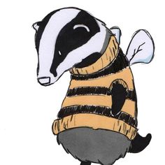 a drawing of a badger dressed in a bee suit and holding a honeybeehive