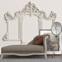 an old fashioned chaise lounge in front of a white wall