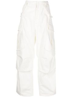 off-white cotton denim high-waisted wide leg raw-cut edge belt loops concealed front button fastening two side flap pockets two side cargo pockets two rear flap pockets Cheap White Bottoms With Multiple Pockets, White Baggy Utility Jeans, White High Waist Cargo Jeans For Workwear, White Cotton Jeans With Multiple Pockets, White Utility Cargo Jeans, White Cargo Jeans With Belt Loops For Spring, White Straight Leg Cargo Jeans With Multiple Pockets, White Utility Jeans With Belt Loops, White Cargo Jeans With Five Pockets For Streetwear