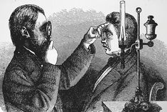 an old black and white drawing of a man looking into a microscope