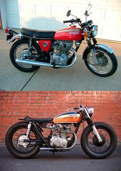 two different motorcycles parked side by side in front of a brick wall and garage door