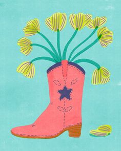 a drawing of a pink boot with yellow flowers in it and a star on the side