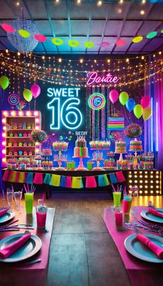 an image of a sweet 16 birthday party setting with neon lights and balloons on the ceiling