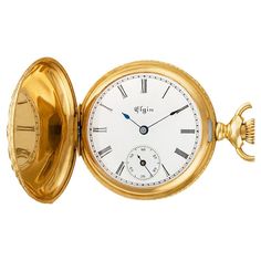 Ladies Elgin multi color gold hunter case pocket watch "6 size" in 14k. 15 jewels. Elaborate floral design case. Manual wind. Circa 1890s. Fine Pre-owned Elgin Watch. Certified preowned Vintage Elgin pocket watch 563174 watch is made out of yellow gold. This Elgin watch has a 34 mm case with a Round caseback and White Roman Numeral dial. Circa: 1980s . It is Certified Authentic and comes backed by our 12-month warranty. Each watch is inspected by our certified in-house Swiss-trained watchmakers Elgin Watch, Vintage Pocket Watch, Roman Numeral, Design Case, White Dial, Roman Numerals, Vintage Watches, Gold Watch, Pocket Watch