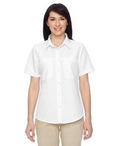 3.4 oz., 100% polyester ripstop; 100% polyester mesh in upper back; Back vent system for added breathability; Structured collar with integrated collar stays; Chest pocket with pen slots; Full button closure; Lining Dresses Casual Fall, Women's Button Down Shirt, Collar Stays, Accessories Silver, Short Sleeve Dress Shirt, Loose Blouse, Work Shirts, Key West, Wholesale Clothing