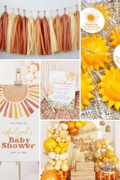 Collage of sunshine baby shower theme idea photos. Sunshine baby shower decor, welcome sign, balloon arch and sunshine party favors and decorations. Sunshine Baby Shower Theme, Sunshine Baby Shower, Sunshine Baby Showers, Strawberry Patch, Summer Sunshine, A Day To Remember