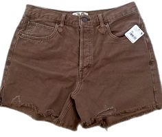 Brown High Rise Bottoms With Frayed Hem, Brown Bottoms With Frayed Hem For Spring, Casual Brown Bottoms With Frayed Hem, Free People Shorts, Brown Shorts, Free People Denim, Jean Shorts, Free People, Tags