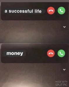 two buttons with different words on them that say money and a successful life, made with split pic