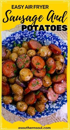 a blue and white plate filled with potatoes on top of a yellow table cloth next to a