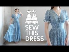 a woman in a blue dress with the words sew this dress