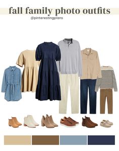 the fall family photo outfits are all in blue, beige and white colors with text overlay