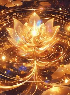 a golden flower surrounded by circles and lights