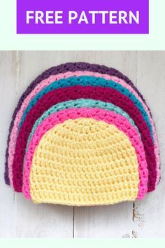 four crocheted dishcloths with the words free pattern on top and bottom