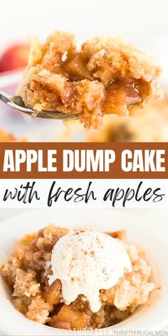 an apple dump cake with fresh apples in the background and text overlay that reads, apple dump cake with fresh apples