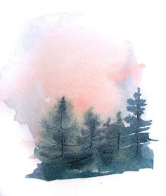 watercolor painting of trees in the snow with pink sky and clouds behind them,