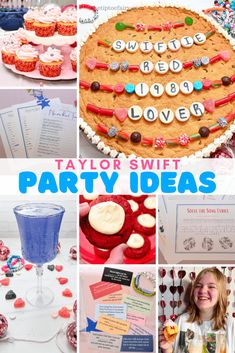 a collage of photos with the words taylor swift, party ideas and other items