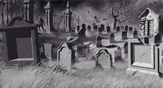 black and white cemetery scene with tombstones