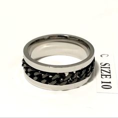 Silver Tone Spinner Ring, Size 10 Silver Tone Spinner Ring With Black Tone Chain Wrap Silver Tone Titanium Stainless Steel, Spinner, The Chain Part Spins Brand New Condition, Please See Pictures For Condition And Details, Thanks. Unisex Ring, Can Be Worn By Men And Women, Same Sizing On Ring Sizes. I Size All My Rings With A Mandrel So Sizes Are Accurate To Us Ring Sizes. Silver Stainless Steel Chain Promise Ring, Silver Stainless Steel Rings With Chain Detail, Silver Stainless Steel Chain Rings, Silver Spinner Rings, Spinner Ring, Mens Accessories Jewelry, Spinner Rings, Unisex Ring, Black Chain