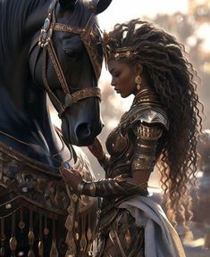 a woman standing next to a black horse