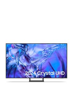 the crystal uhd tv is shown in front of a white background with blue swirls