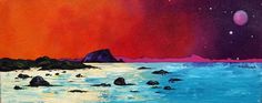 an acrylic painting of the ocean with rocks and stars in the sky above