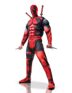 a man in a deadpool costume holding two swords