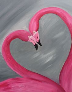 a painting of a pink flamingo in the shape of a heart on a gray background