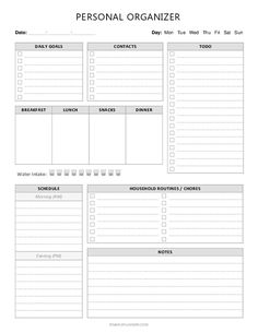 a printable personal organizer is shown in the middle of this page, which includes daily tasks