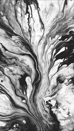 an abstract black and white painting