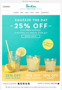 two glasses of lemonade are on sale for $ 25 off at belen women men girls boys