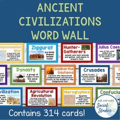 the ancient civilizations word wall with pictures and words on it, including an information card