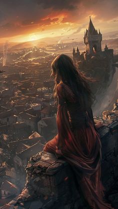 a woman sitting on top of a cliff overlooking a city