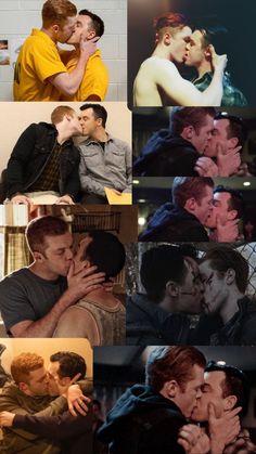 two men kissing each other in different pictures