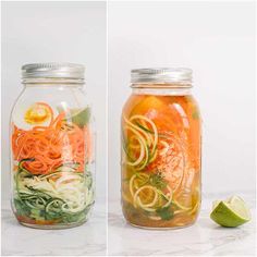 two mason jars filled with different types of vegetables and veggies, one containing carrots and the other containing cucumbers