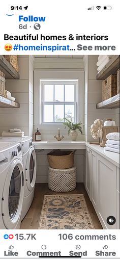 a small laundry room with a washer and dryer next to a window that reads follow beautiful homes & interiors @ homeinspirat see more